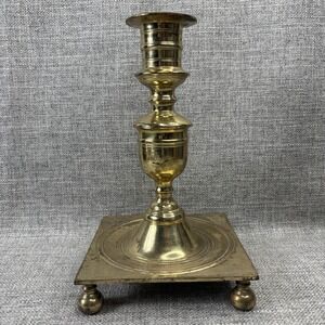 Solid Brass Candlestick Holder Square Footed Base Ball Feet 8.5 Inch Vintage
